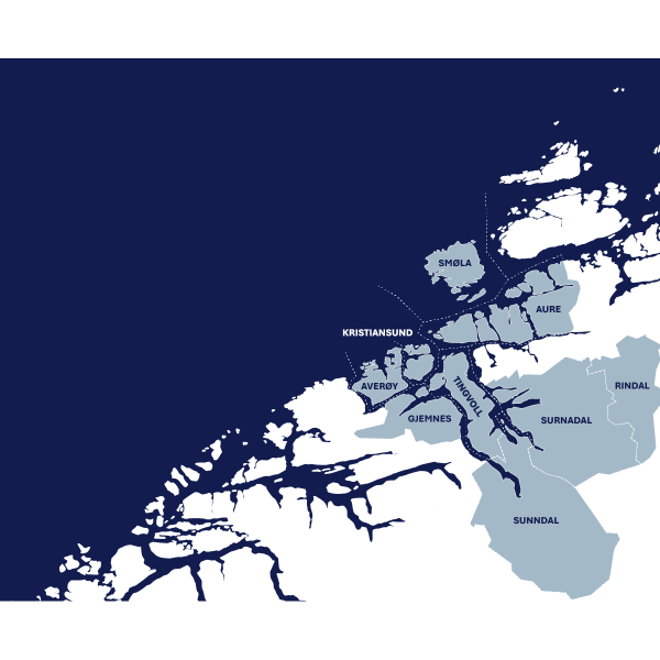 Kart med kommunene Aure, Averøy, Gjemnes, Kristiansund, Rindal, Smøla, Sunndal, Surnadal og Tingvoll.